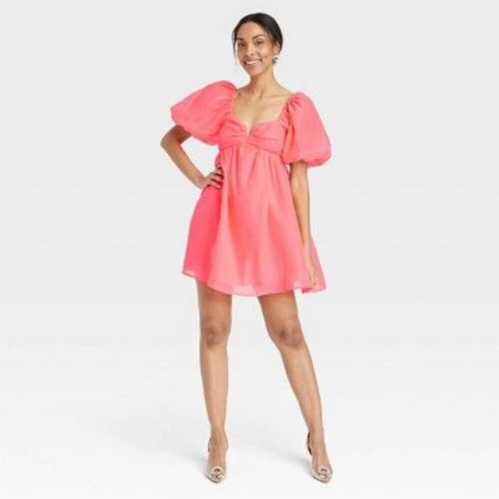 Balloon Short Sleeve Organza Baby Doll Dress - A New Day Coral - Hot Pink L